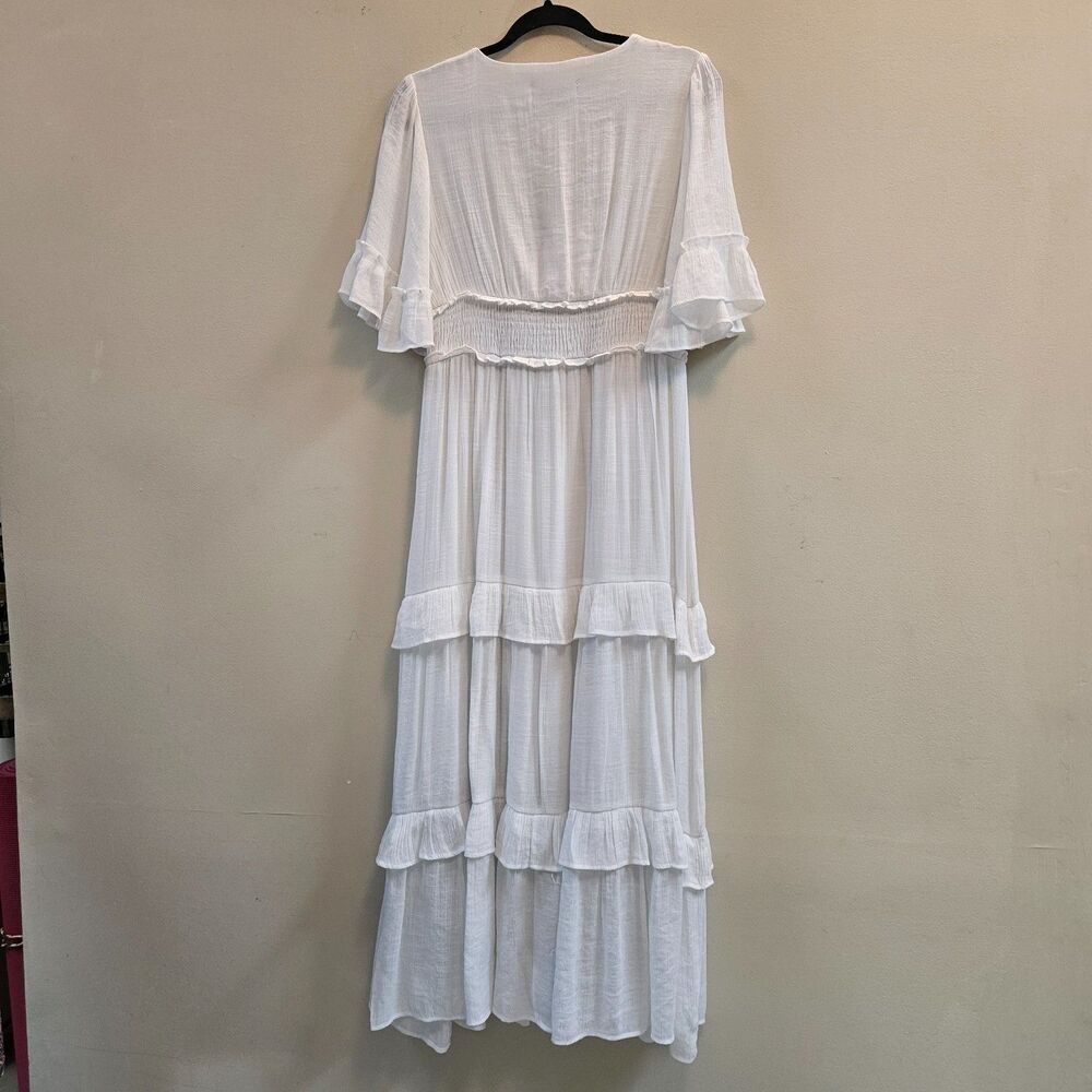 FAB'RIK Maxi Dress White Women Sz L Ruffles Tiers V-Neck Bohemian Cottagecore - Picture 2 of 11